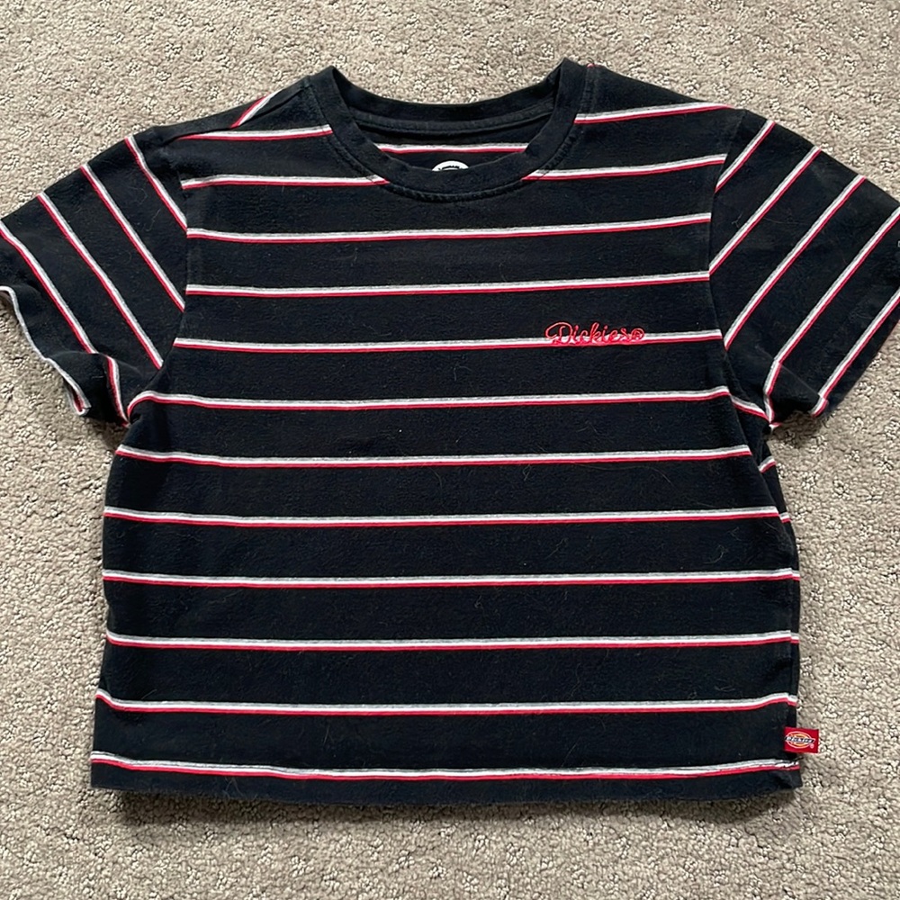 Dickies black cropped t-shirt w/ stripes; S
